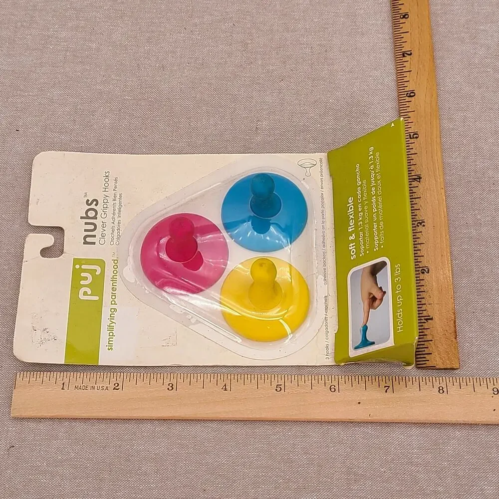 Puj Nubs Clever Grippy Flexible Hooks Adhesive Peel & Stick Back CMY 3PK New